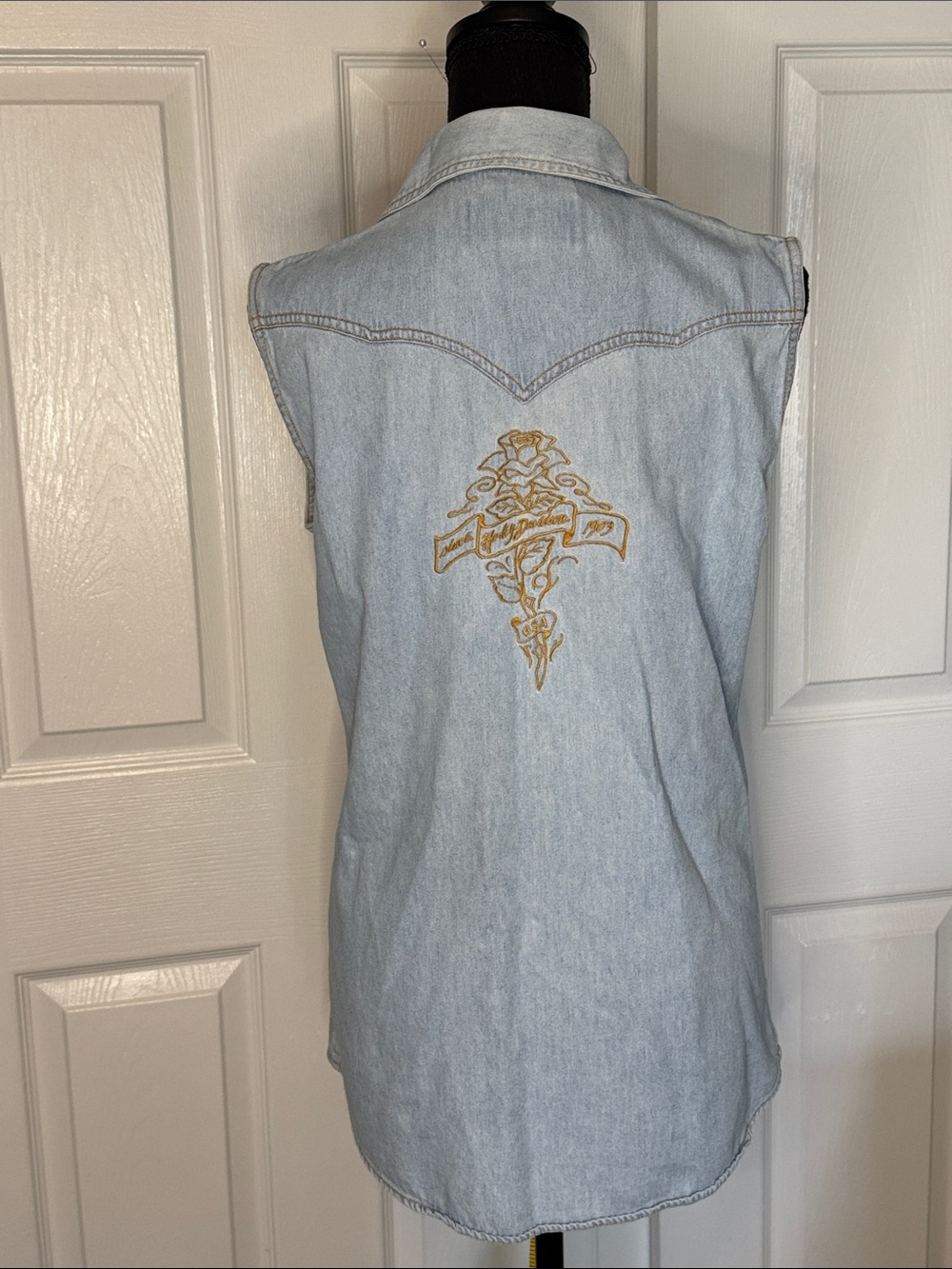 Harley-Davidson Light Blue Denim Sleeveless Embroidered Back Top